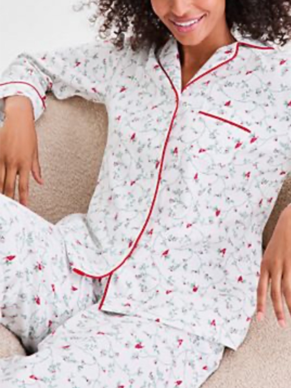 Charter Club Well Made White Floral Pajama Set with Red Piping. SZ Pet/Med